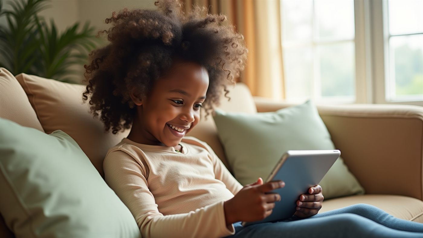 Child relaxing with a tablet