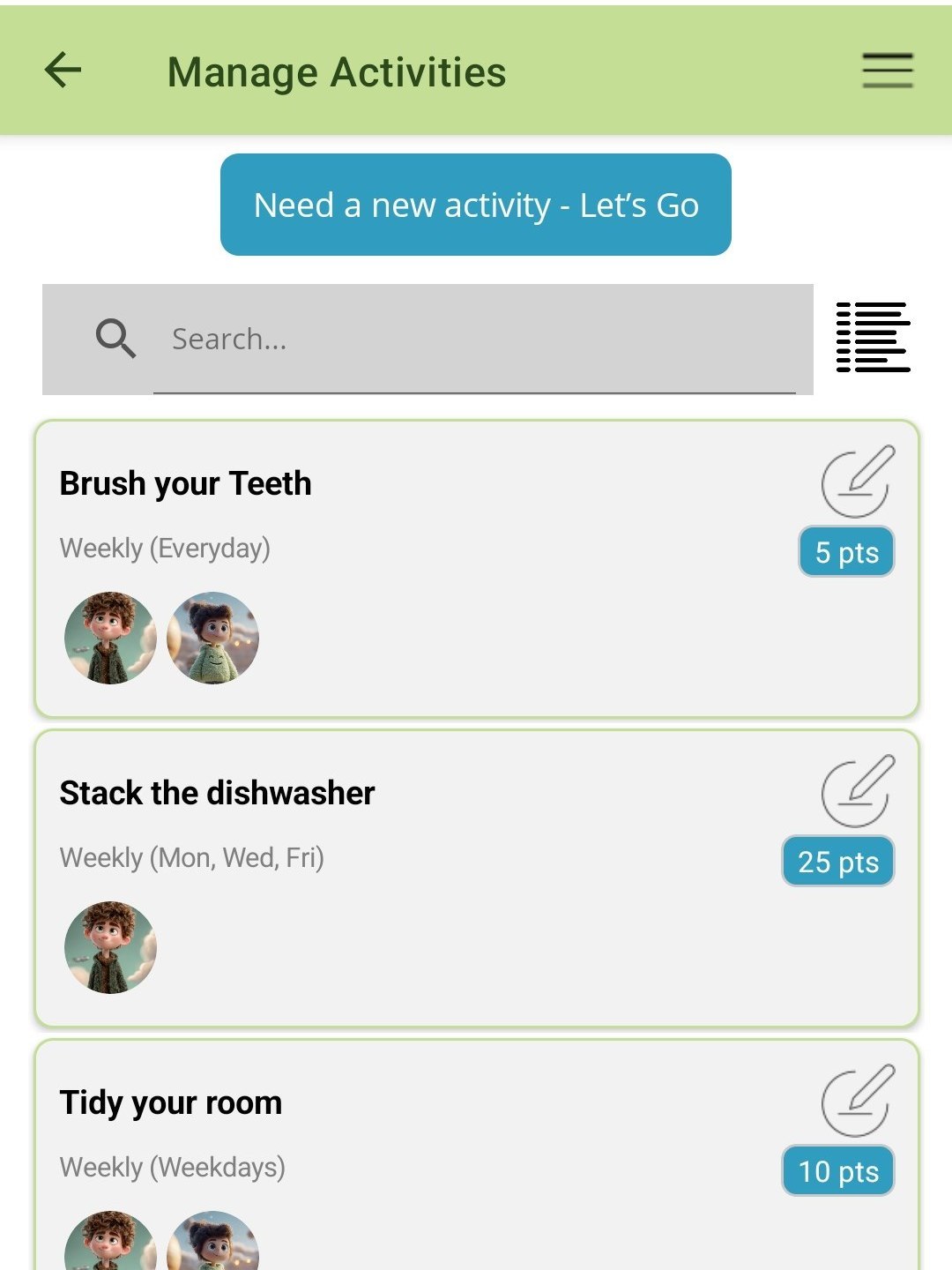 Manage Activities screen in The Sprout App