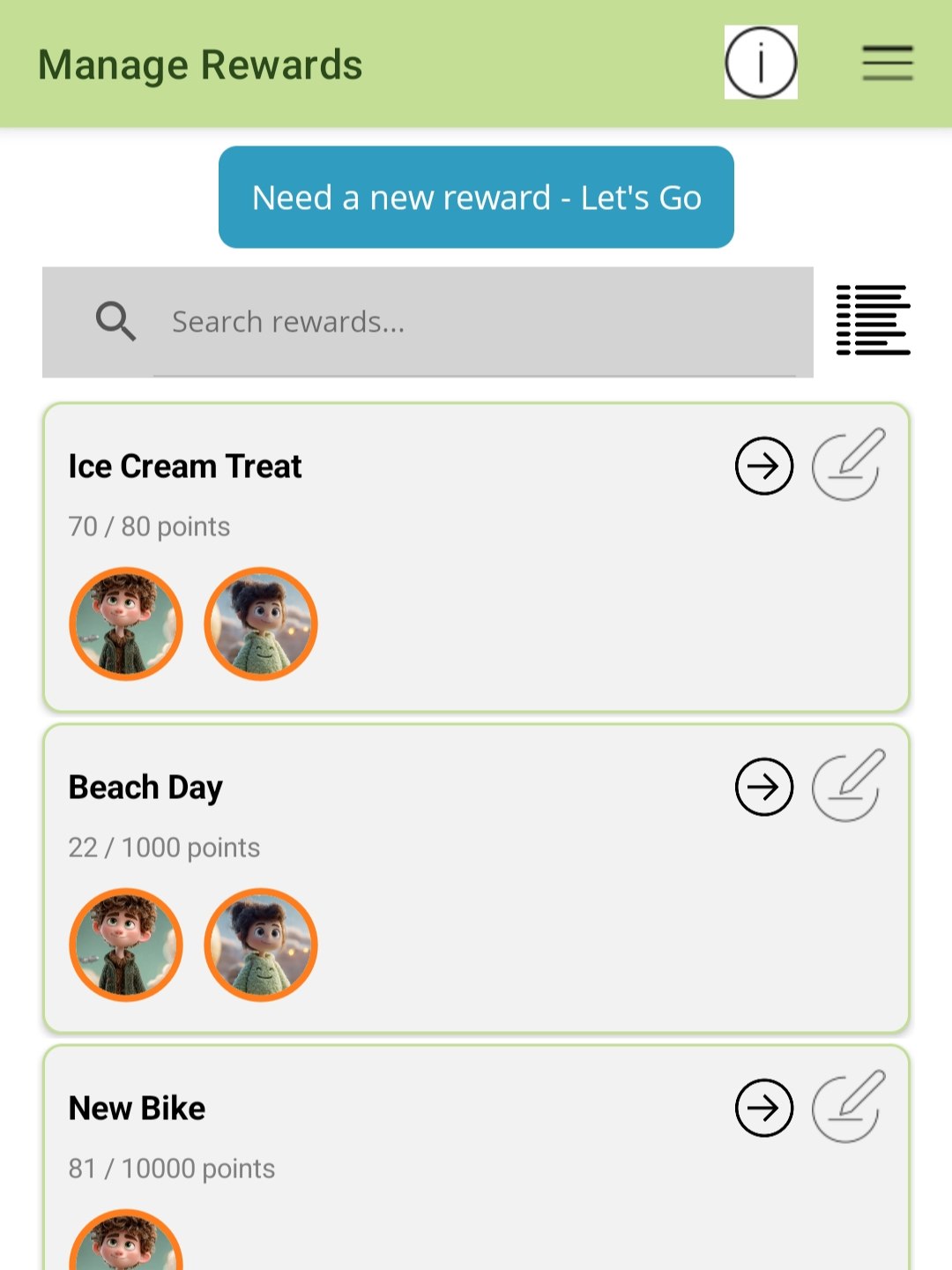 Manage Rewards screen in The Sprout App